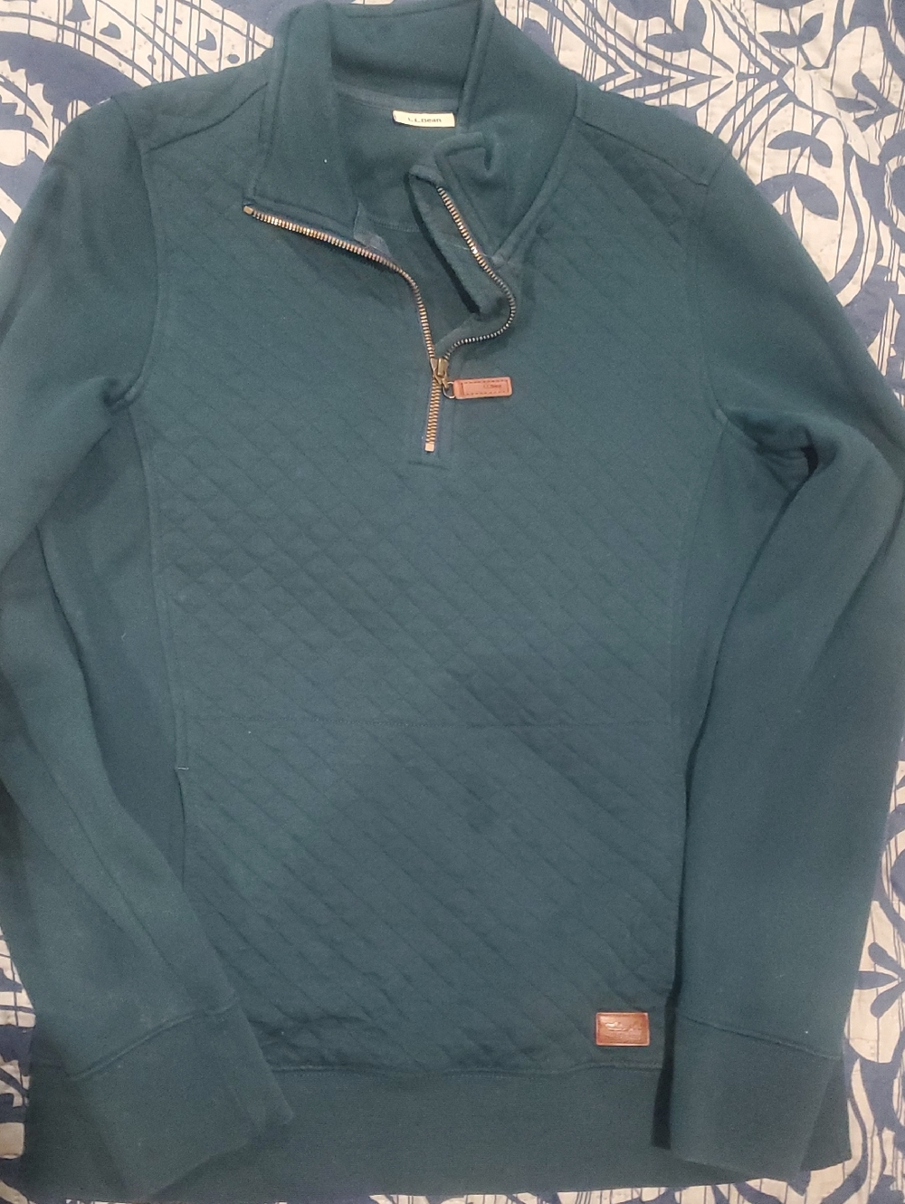 L.L. Bean Quilted Quarter-Zip Pullover Sweater - Teal Green